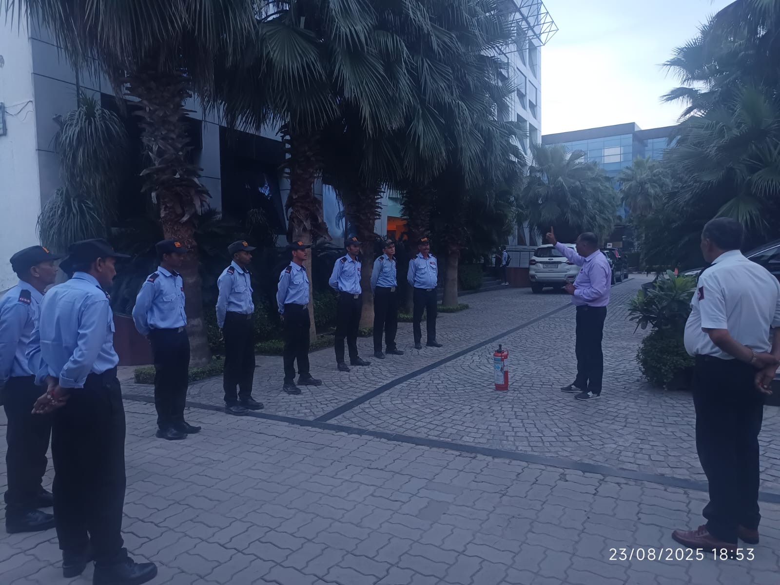 Security personnel participating in a fire-safety drill